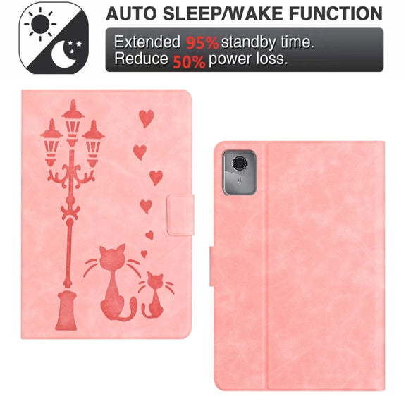 For Lenovo Tab M11 / Xiaoxin Pad 2024 Embossed Couple Cat Smart Tablet Leather Case(Pink)