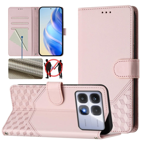 For Redmi K70 Ultra 5G Honeycomb Embossing RFID Leather Phone Case(Pink)