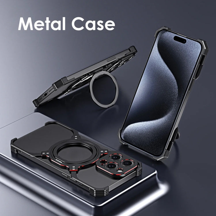 For iPhone 16 Pro Max Mechanical Arm Borderless MagSafe Holder Metal Phone Case(Black Red)