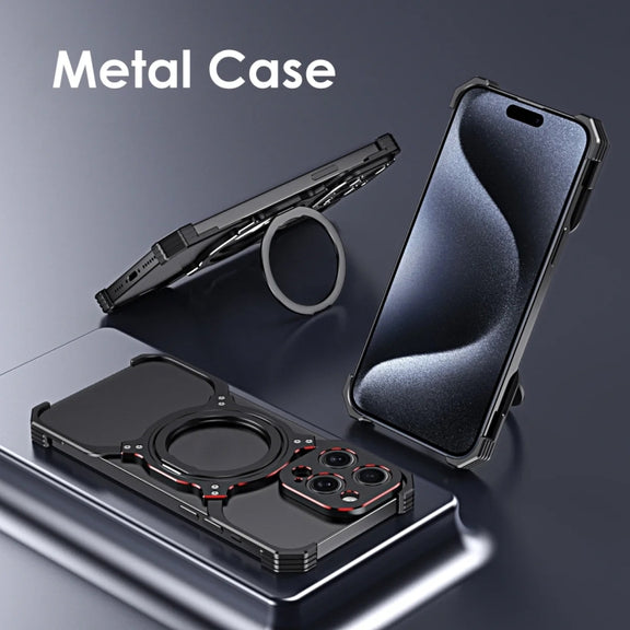 For iPhone 16 Pro Max Mechanical Arm Borderless MagSafe Holder Metal Phone Case(Black Red)