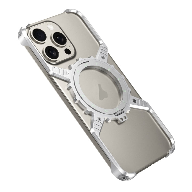 For iPhone 16 Pro Max Mechanical Gear MagSafe Holder Borderless Metal Phone Case(Silver)
