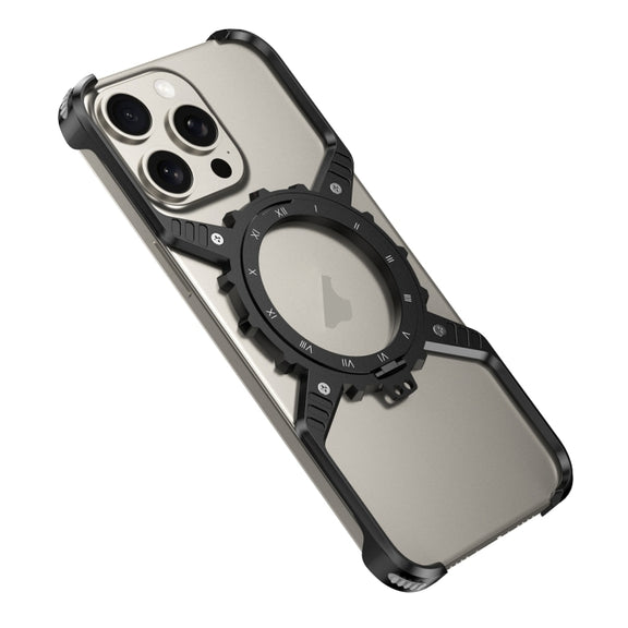 For iPhone 16 Mechanical Gear MagSafe Holder Borderless Metal Phone Case(Black)