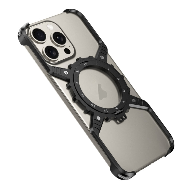 For iPhone 16 Mechanical Gear MagSafe Holder Borderless Metal Phone Case(Black)