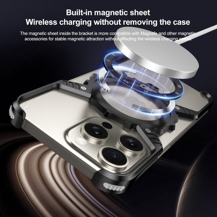 For iPhone 16 Mechanical Gear MagSafe Holder Borderless Metal Phone Case(Black)