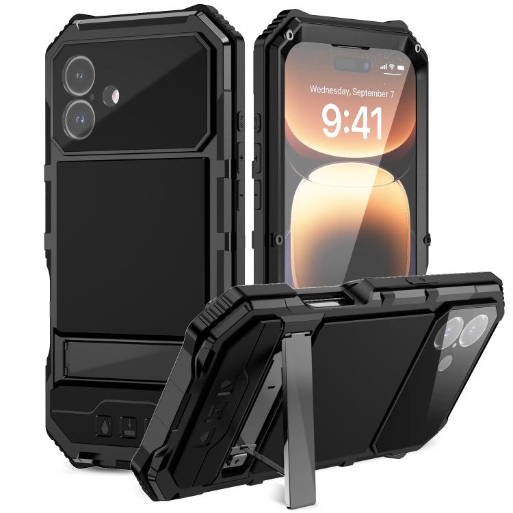 For iPhone 16 Plus R-JUST Life Water-resistant Dustproof Shockproof Holder Phone Case(Black)