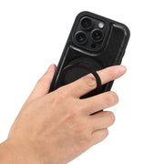 For iPhone 16 Pro Max Denior A17 Genuine Leather Gear Magnetic Holder Phone Case(Black)