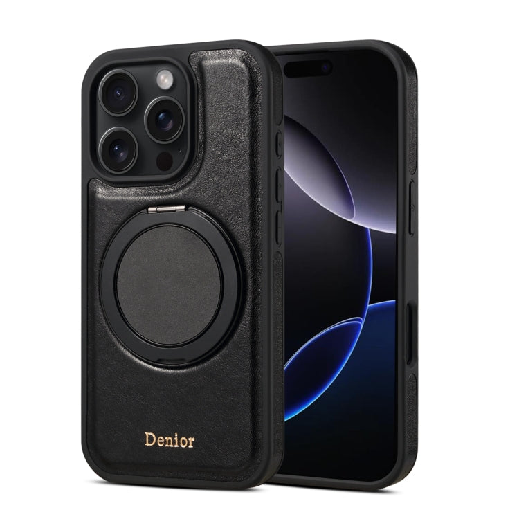 For iPhone 16 Pro Denior A17 Genuine Leather Gear Magnetic Holder Phone Case(Black)