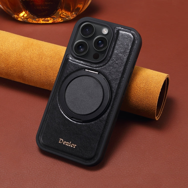 For iPhone 16 Pro Denior A17 Genuine Leather Gear Magnetic Holder Phone Case(Black)