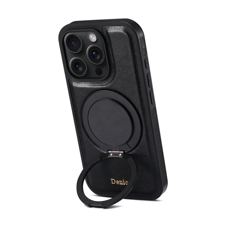 For iPhone 16 Pro Denior A17 Genuine Leather Gear Magnetic Holder Phone Case(Black)