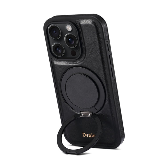 For iPhone 16 Pro Denior A17 Genuine Leather Gear Magnetic Holder Phone Case(Black)