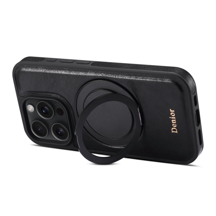 For iPhone 16 Pro Denior A17 Genuine Leather Gear Magnetic Holder Phone Case(Black)