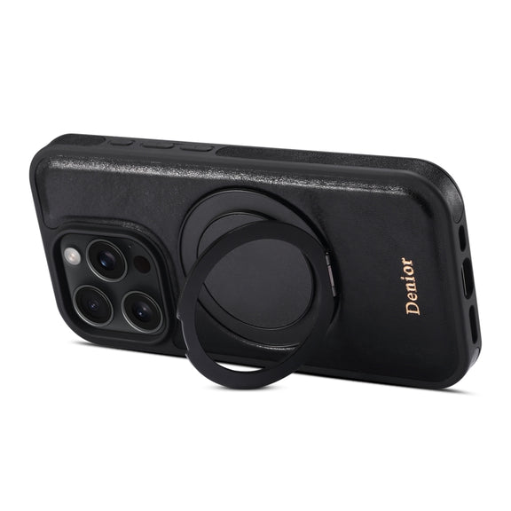 For iPhone 16 Pro Denior A17 Genuine Leather Gear Magnetic Holder Phone Case(Black)