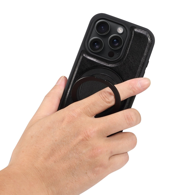 For iPhone 16 Pro Denior A17 Genuine Leather Gear Magnetic Holder Phone Case(Black)
