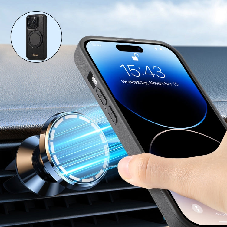 For iPhone 16 Pro Denior A17 Genuine Leather Gear Magnetic Holder Phone Case(Black)