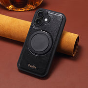 For iPhone 16 Plus Denior A17 Genuine Leather Gear Magnetic Holder Phone Case(Black)