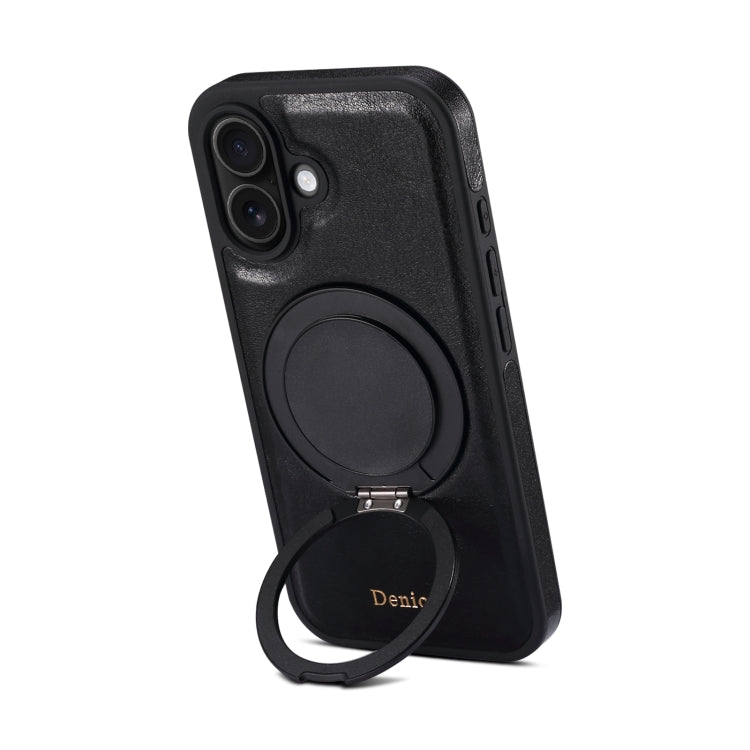 For iPhone 16 Plus Denior A17 Genuine Leather Gear Magnetic Holder Phone Case(Black)