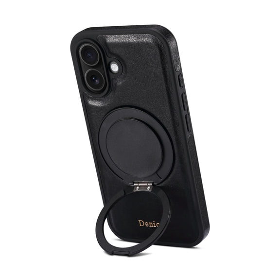 For iPhone 16 Plus Denior A17 Genuine Leather Gear Magnetic Holder Phone Case(Black)