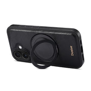 For iPhone 16 Plus Denior A17 Genuine Leather Gear Magnetic Holder Phone Case(Black)