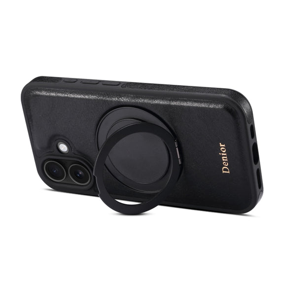 For iPhone 16 Plus Denior A17 Genuine Leather Gear Magnetic Holder Phone Case(Black)