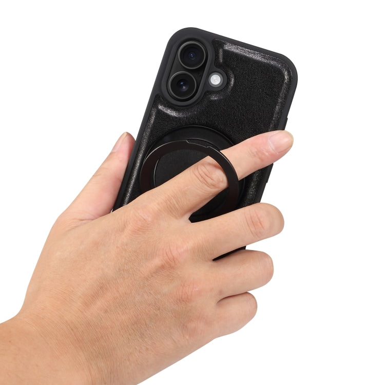 For iPhone 16 Plus Denior A17 Genuine Leather Gear Magnetic Holder Phone Case(Black)