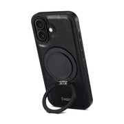 For iPhone 16 Denior A17 Genuine Leather Gear Magnetic Holder Phone Case(Black)