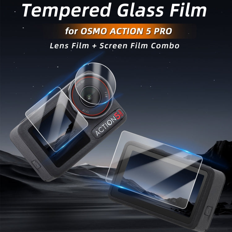 For DJI Osmo Action 5 Pro Sunnylife 3 in 1 Lens Protector Front and Rear Screen Tempered Glass Films, Quantity:2 + 2 + 2 Sets