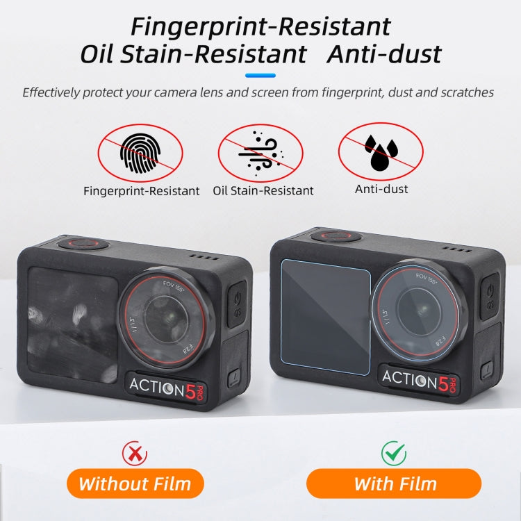 For DJI Osmo Action 5 Pro Sunnylife 3 in 1 Lens Protector Front and Rear Screen Tempered Glass Films, Quantity:2 + 2 + 2 Sets