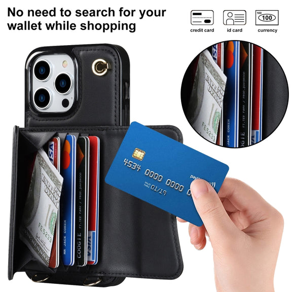 For iPhone 16 Pro Max RFID Card Slot Phone Case with Long Lanyard(Black)