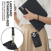 For iPhone 16 Pro Max RFID Card Slot Phone Case with Long Lanyard(Black)