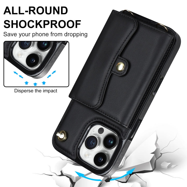 For iPhone 16 Pro Max RFID Card Slot Phone Case with Long Lanyard(Black)