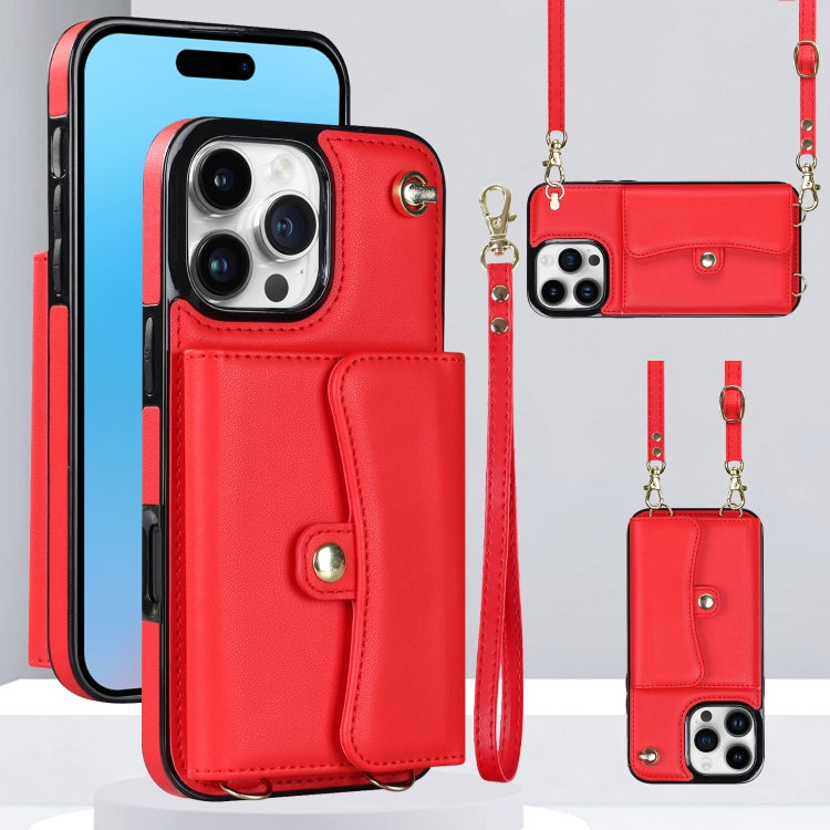 For iPhone 16 Pro Max RFID Card Slot Phone Case with Long Lanyard(Red)