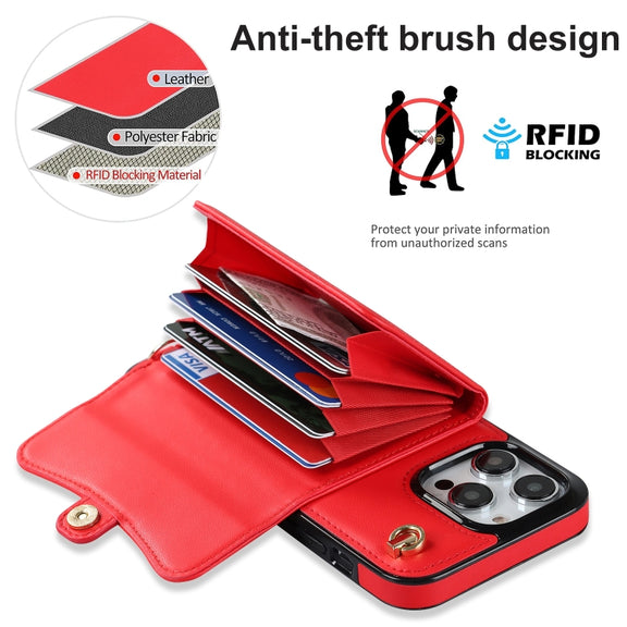 For iPhone 16 Pro Max RFID Card Slot Phone Case with Long Lanyard(Red)