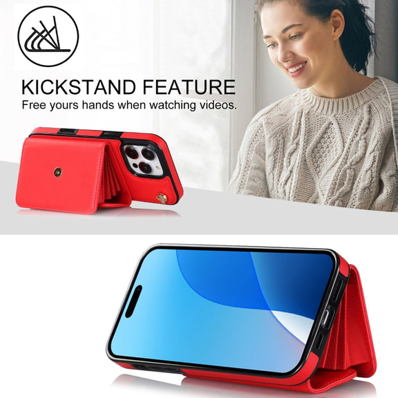 For iPhone 16 Pro Max RFID Card Slot Phone Case with Long Lanyard(Red)
