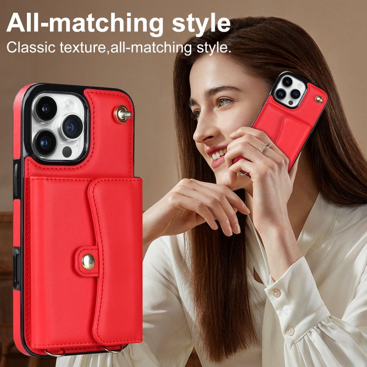 For iPhone 16 Pro Max RFID Card Slot Phone Case with Long Lanyard(Red)