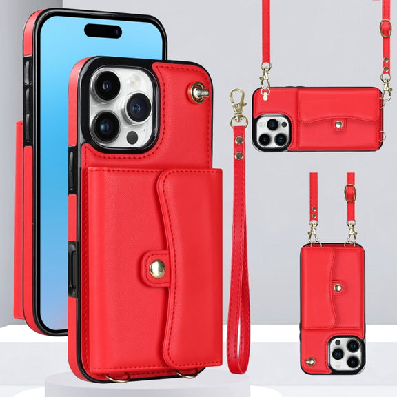 For iPhone 16 Pro Max RFID Card Slot Phone Case with Long Lanyard(Red)