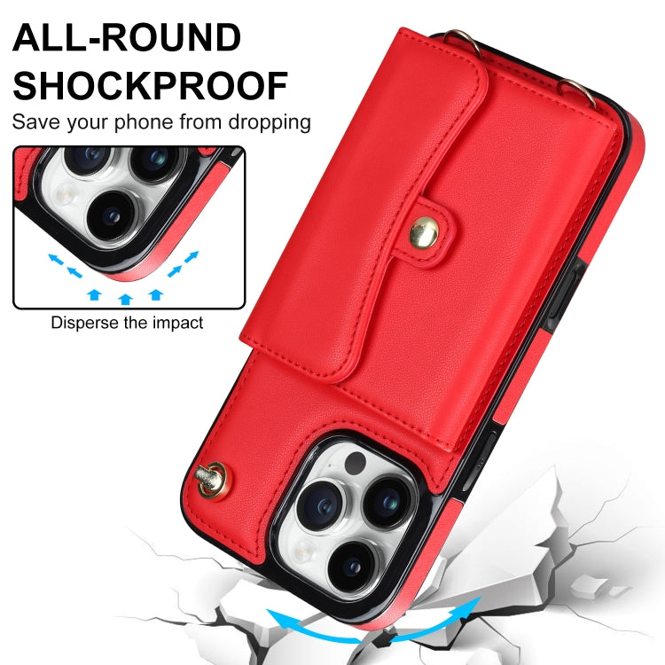 For iPhone 16 Pro Max RFID Card Slot Phone Case with Long Lanyard(Red)