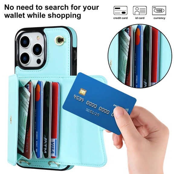 For iPhone 16 Pro Max RFID Card Slot Phone Case with Long Lanyard(Mint Green)