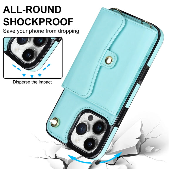 For iPhone 16 Pro Max RFID Card Slot Phone Case with Long Lanyard(Mint Green)