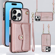 For iPhone 16 Pro Max RFID Card Slot Phone Case with Long Lanyard(Rose Gold)