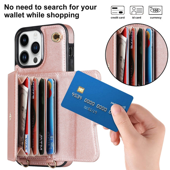 For iPhone 16 Pro Max RFID Card Slot Phone Case with Long Lanyard(Rose Gold)