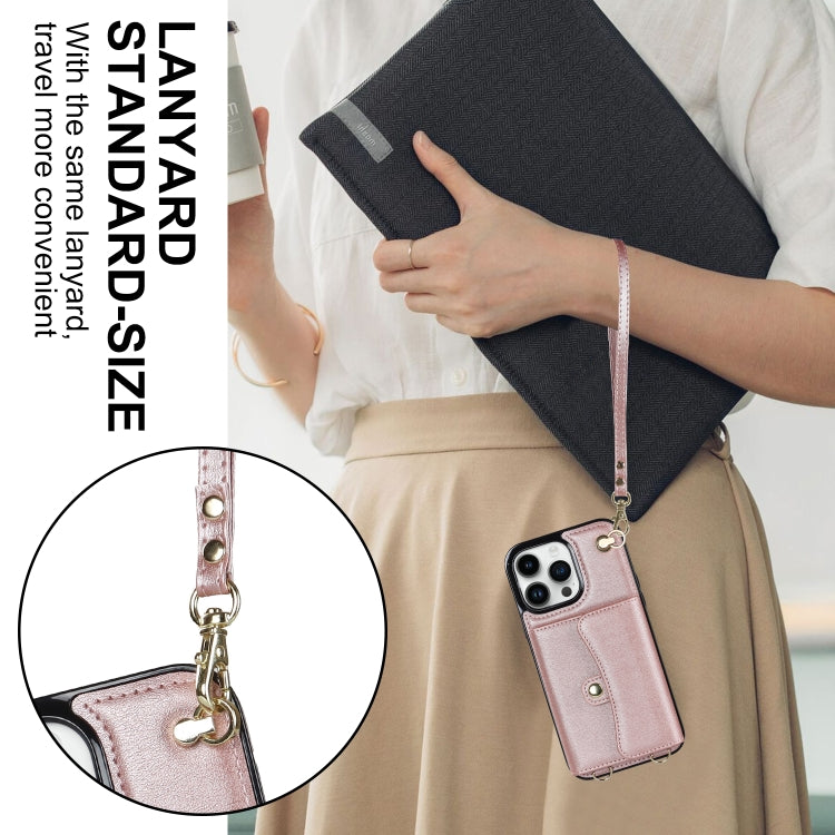 For iPhone 16 Pro Max RFID Card Slot Phone Case with Long Lanyard(Rose Gold)