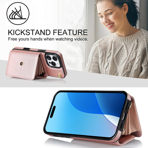 For iPhone 16 Pro Max RFID Card Slot Phone Case with Long Lanyard(Rose Gold)