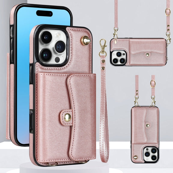For iPhone 16 Pro Max RFID Card Slot Phone Case with Long Lanyard(Rose Gold)