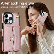 For iPhone 16 Pro Max RFID Card Slot Phone Case with Long Lanyard(Rose Gold)