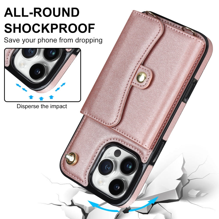 For iPhone 16 Pro Max RFID Card Slot Phone Case with Long Lanyard(Rose Gold)