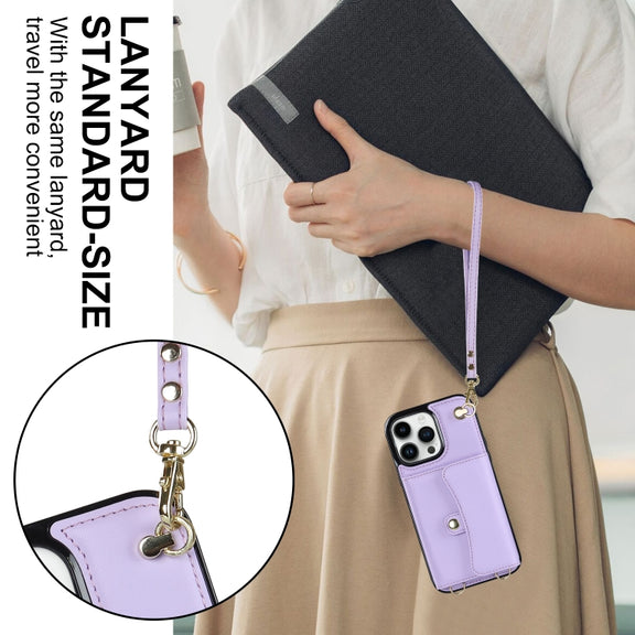 For iPhone 16 Pro Max RFID Card Slot Phone Case with Long Lanyard(Purple)