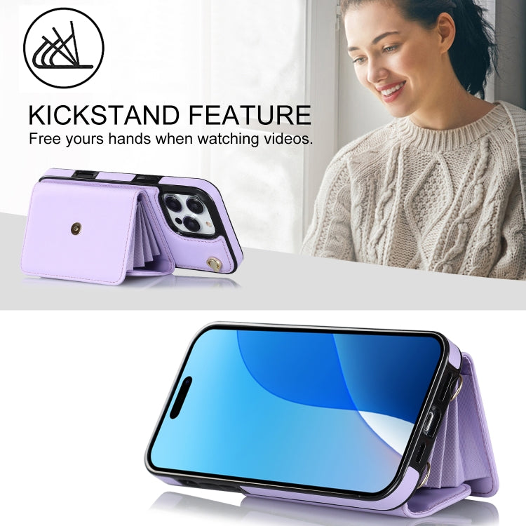 For iPhone 16 Pro Max RFID Card Slot Phone Case with Long Lanyard(Purple)