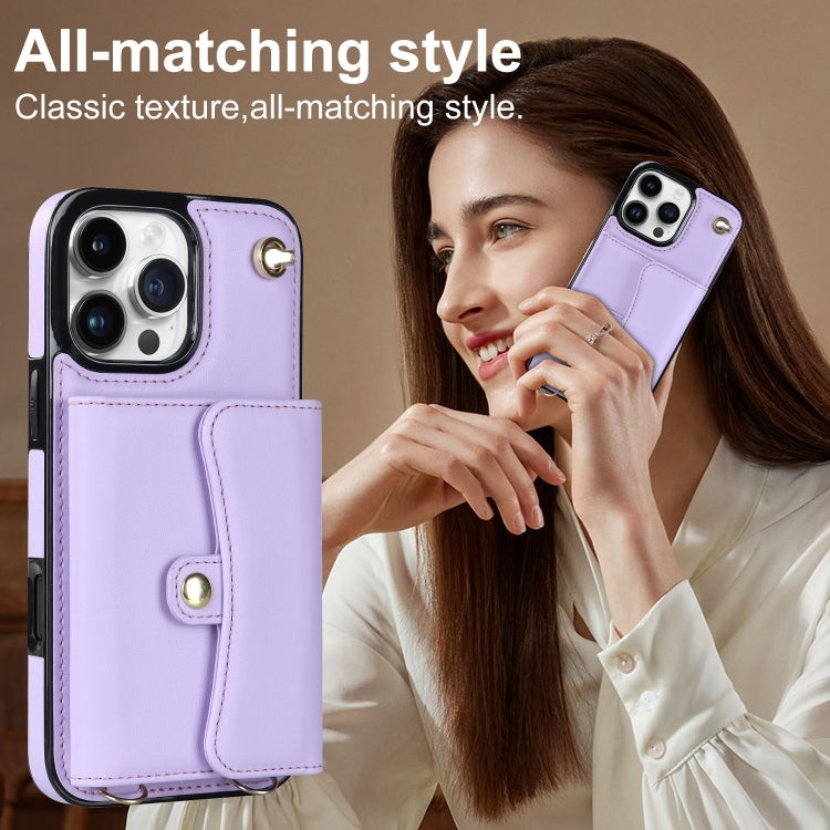 For iPhone 16 Pro Max RFID Card Slot Phone Case with Long Lanyard(Purple)