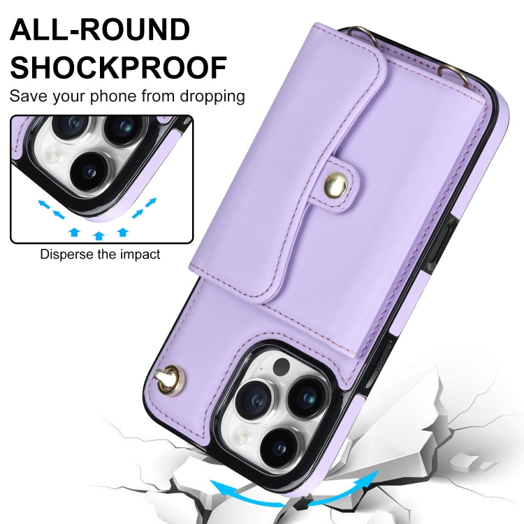 For iPhone 16 Pro Max RFID Card Slot Phone Case with Long Lanyard(Purple)