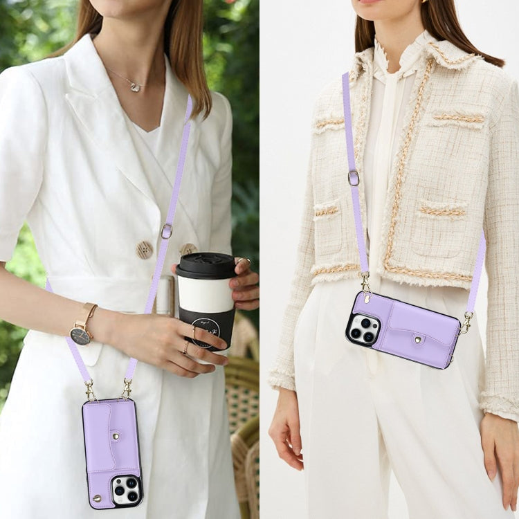 For iPhone 16 Pro Max RFID Card Slot Phone Case with Long Lanyard(Purple)